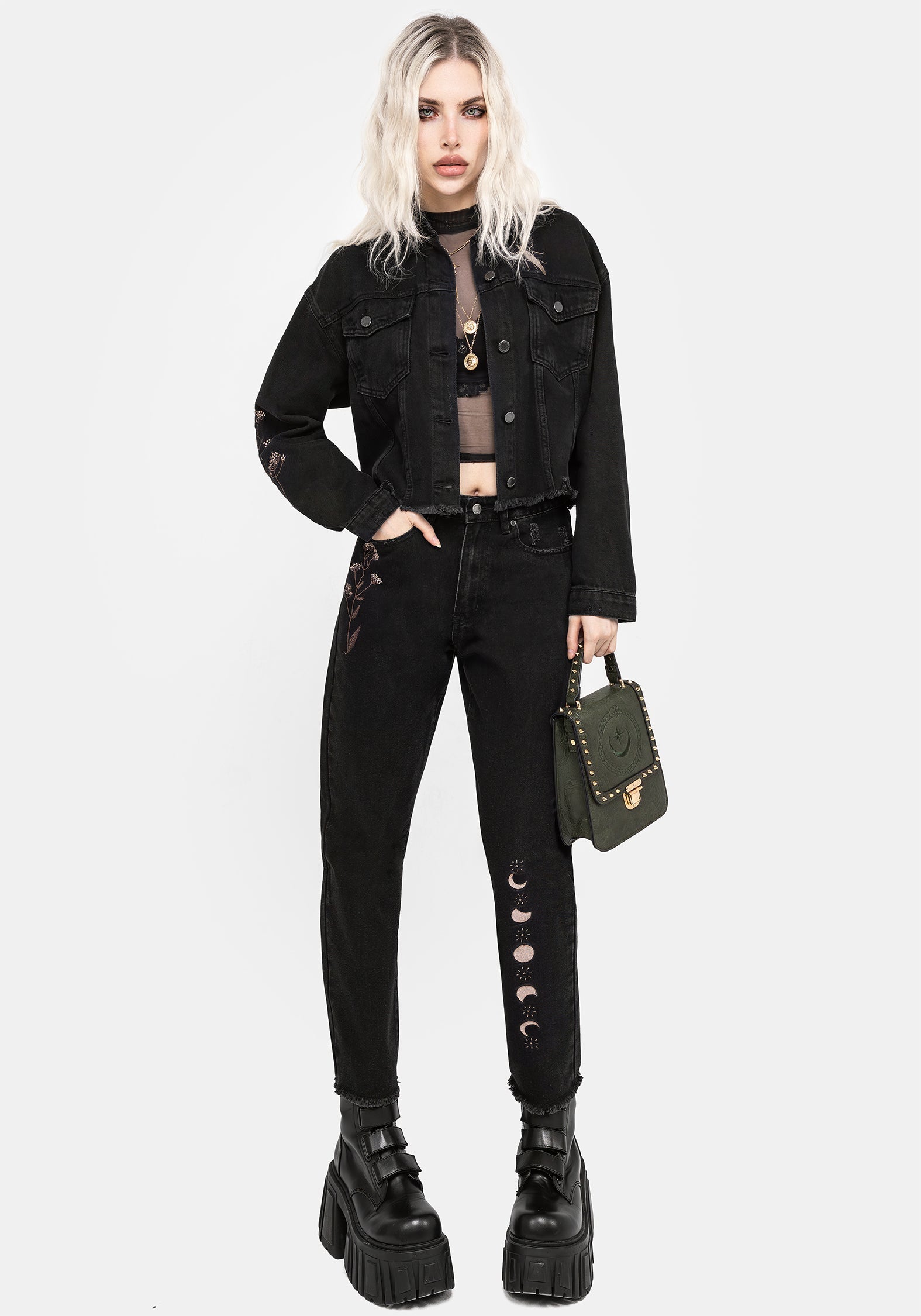 Disturbia | Griffinfly Embroidered Distressed Denim Mom Jeans | Jeans