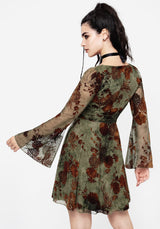 Rosaleigh Flockdruck Velours Mesh Ausgestellt Ärmel Mini Kleid