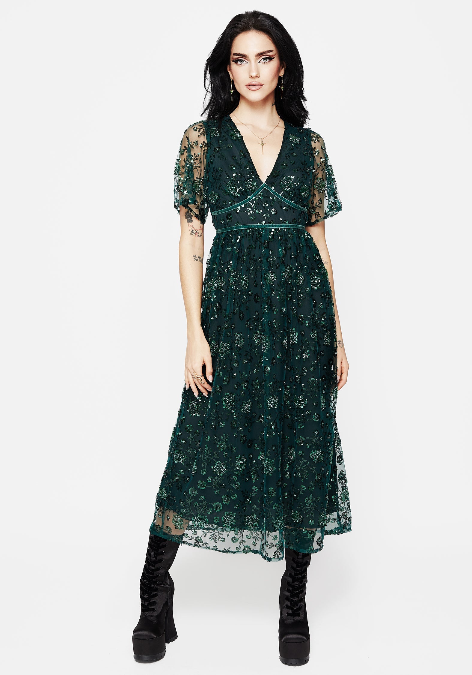 Disturbia | Glimmer Embroidered Sequin Lace Angel Sleeve Midaxi