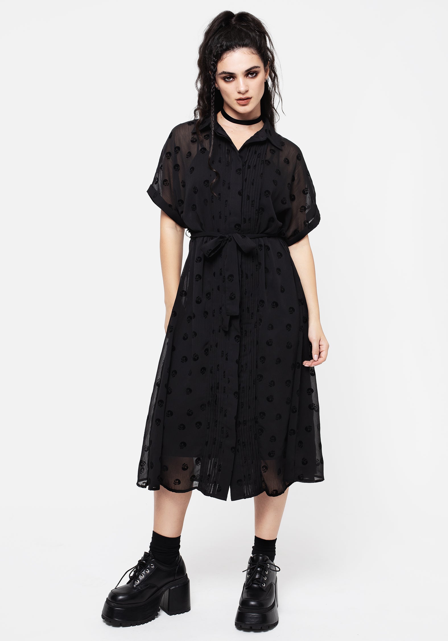 stretch-cotton poplin pintuck long-midi shirt dress Bones Flocked Pintuck Chiffon Midi Shirt Dress – Disturbia