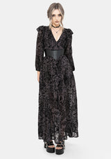 Thorned Beflockt Chiffon Castle Druck Rüsche Hals Maxi Kleid