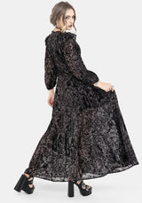 Thorned Beflockt Chiffon Castle Druck Rüsche Hals Maxi Kleid