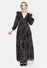 Thorned Beflockt Chiffon Castle Druck Rüsche Hals Maxi Kleid