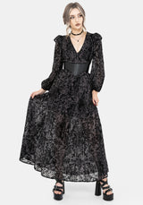 Thorned Beflockt Chiffon Castle Druck Rüsche Hals Maxi Kleid