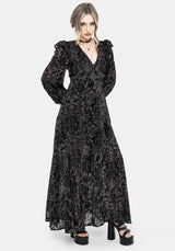 Thorned Beflockt Chiffon Castle Druck Rüsche Hals Maxi Kleid