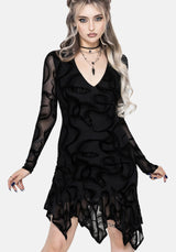 Paleo Beflockt Mesh Skelett Schlange Asymmetrisch Taschentuch Saum Mini Kleid