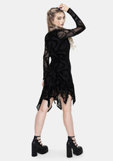 Paleo Beflockt Mesh Skelett Schlange Asymmetrisch Taschentuch Saum Mini Kleid
