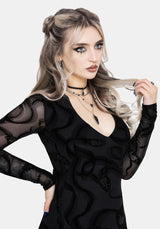Paleo Beflockt Mesh Skelett Schlange Asymmetrisch Taschentuch Saum Mini Kleid