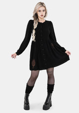 Hexborn Leinenmischung Baba Yaga Bestickt Lang Ärmel Mini Kleid