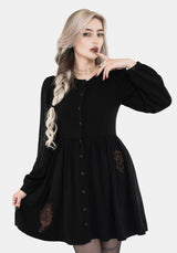 Hexborn Leinenmischung Baba Yaga Bestickt Lang Ärmel Mini Kleid