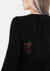 Hexborn Leinenmischung Baba Yaga Bestickt Lang Ärmel Mini Kleid