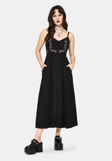 Überfluss Baumwolle Blumenmuster Bestickt Mieder Cami Midaxi Kleid - Schwarz