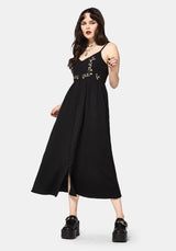 Überfluss Baumwolle Blumenmuster Bestickt Mieder Cami Midaxi Kleid - Schwarz