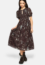 Dusha Garten Druck Chiffon Gerafft Knopf Runter Midi Kleid