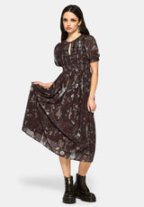 Dusha Garten Druck Chiffon Gerafft Knopf Runter Midi Kleid