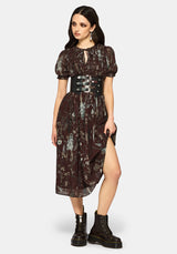 Dusha Garten Druck Chiffon Gerafft Knopf Runter Midi Kleid