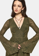 Lunafern Beflockt Farn Flöte Ärmel Mini Kleid - Grün
