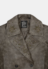 Fleux Bestickt Kurz Geschnitten Kunst- Leder Trench Jacke