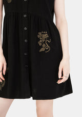 Foliate Leinenmischung Bestickt Knopf Hoch Mini Kleid - Schwarz