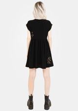 Foliate Leinenmischung Bestickt Knopf Hoch Mini Kleid - Schwarz