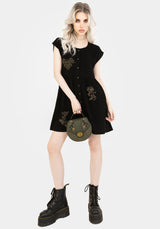 Foliate Leinenmischung Bestickt Knopf Hoch Mini Kleid - Schwarz