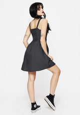Faythe Baumwolle Prüfen Knopf Hoch Schürze Mini Kleid