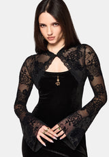 Void Bloom Flocked Mesh Shrug Top