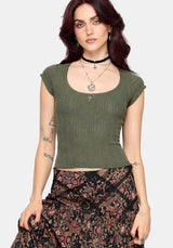 Lucera Short Sleeve Pointelle Scoop Neck Top - Khaki