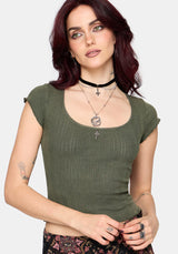 Lucera Short Sleeve Pointelle Scoop Neck Top - Khaki