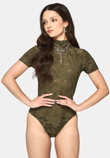 Demi Devore Kurzarm Body - Khaki