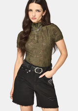 Demi Devore Kurzarm Body - Khaki