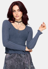 Lucera Langarm Pointelle Scoop Hals Oberteil - Blau