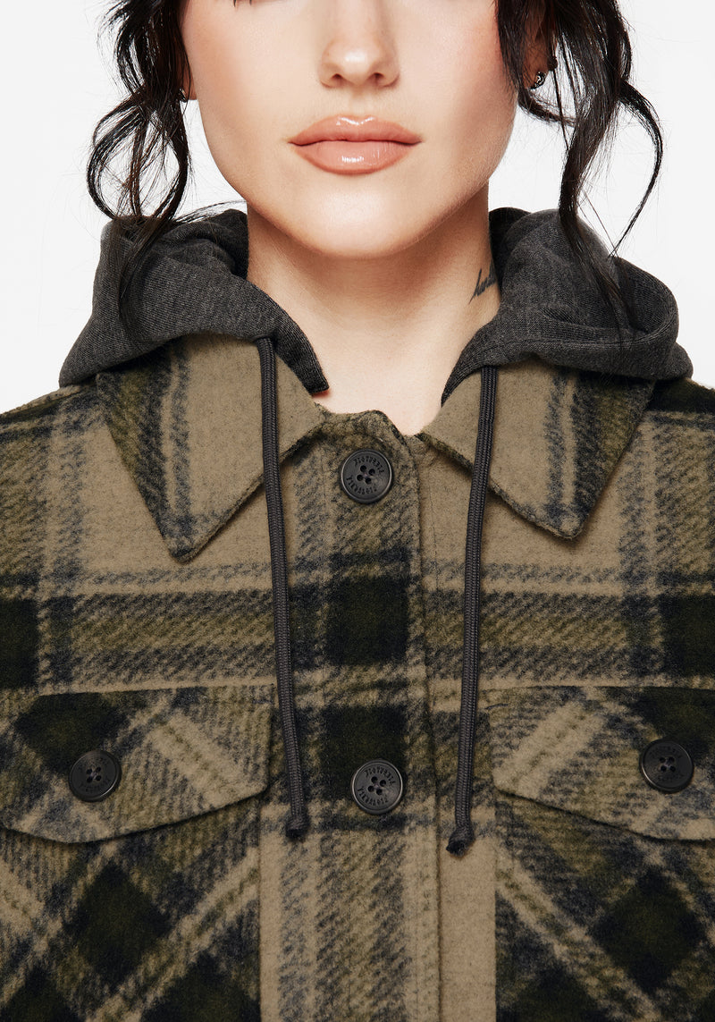 Trellis Hooded Pocket Check Shacket - Green