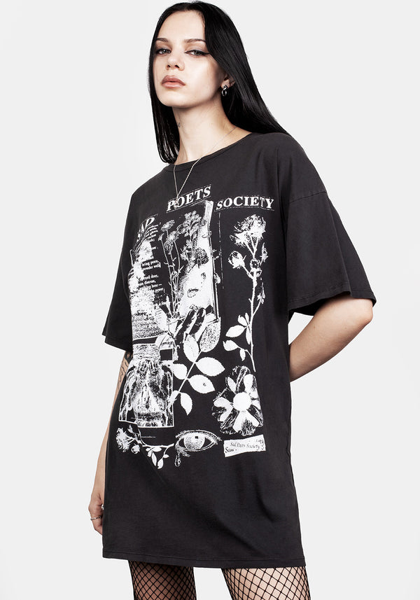 Sad Dichter Washed Schwarz Oversize T-Shirt Kleid