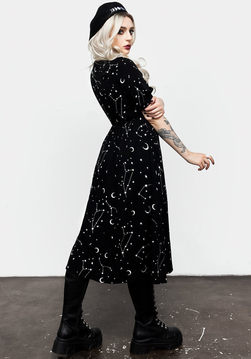 Silver Celestial Print Sweetheart Midi Dress