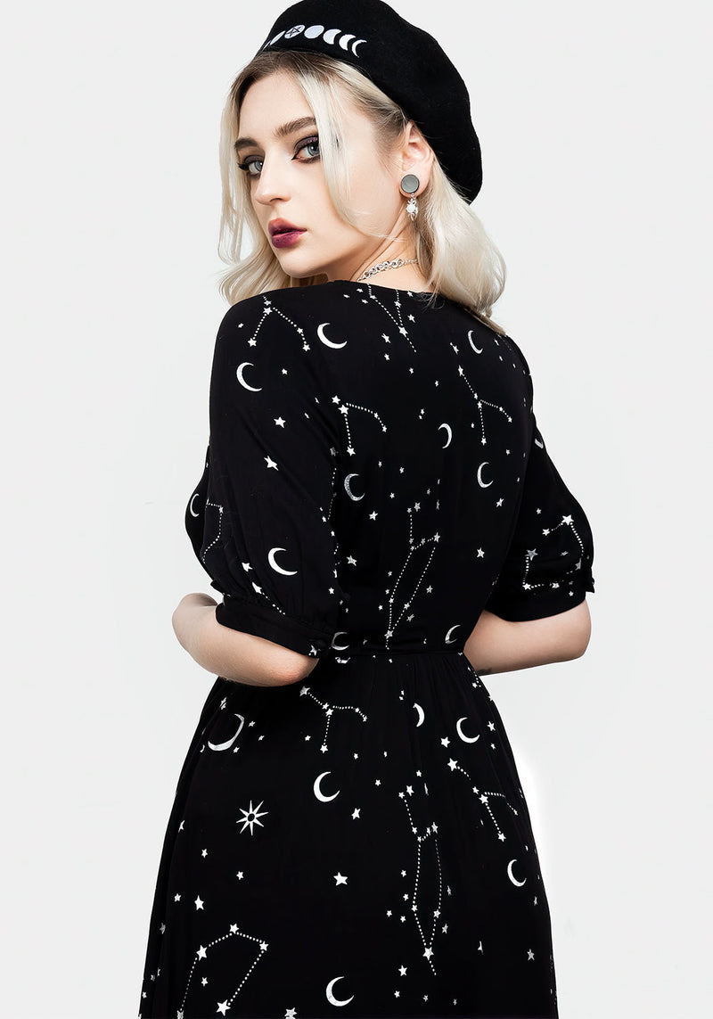 Silver Celestial Print Sweetheart Midi Dress