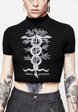 Caduceus Bestickt Hoch Hals Kurz Top