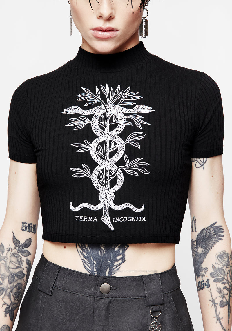 Caduceus Bestickt Hoch Hals Kurz Top