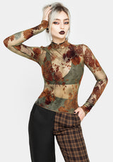 Rosaleigh Flockdruck Velours Mesh Lang Ärmel Top