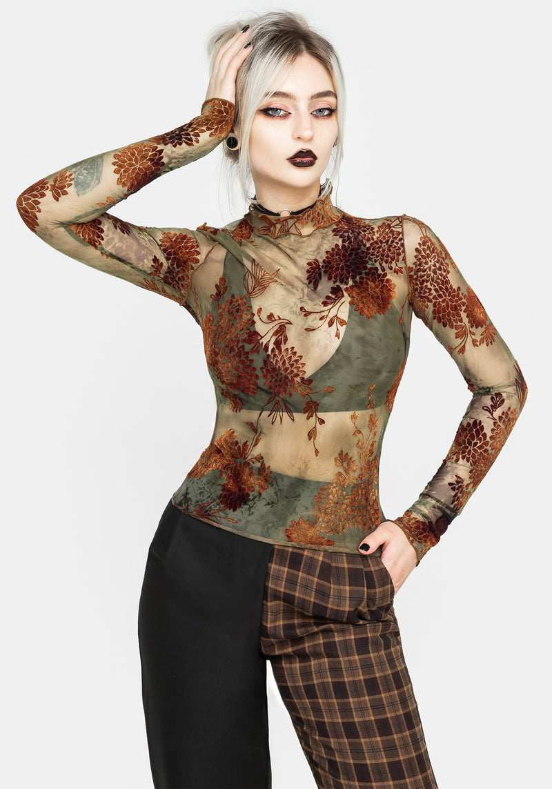 Rosaleigh Flockdruck Velours Mesh Lang Ärmel Top