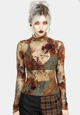 Rosaleigh Flockdruck Velours Mesh Lang Ärmel Top