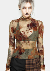 Rosaleigh Flockdruck Velours Mesh Lang Ärmel Top