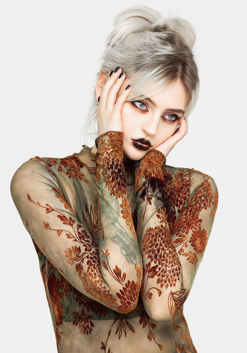 Rosaleigh Flockdruck Velours Mesh Lang Ärmel Top