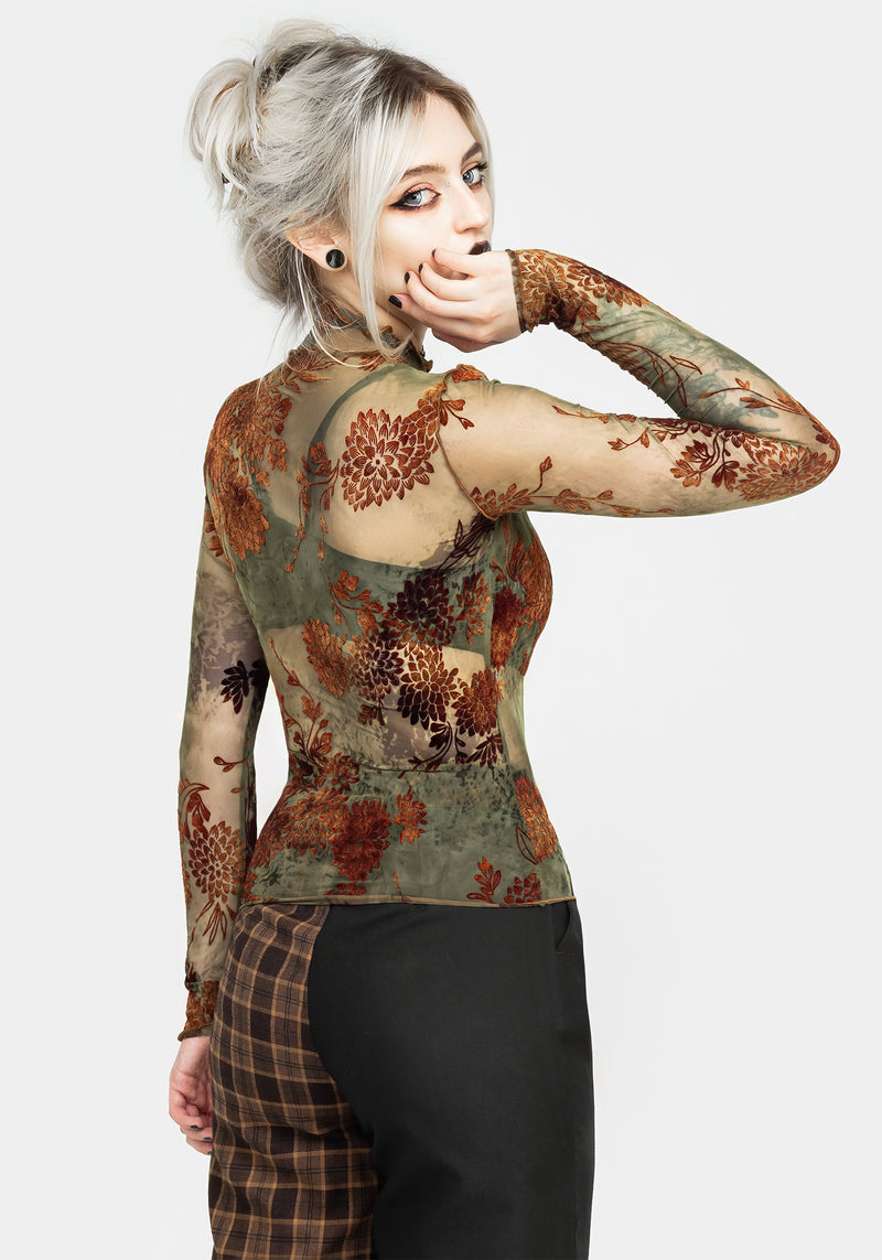 Rosaleigh Flockdruck Velours Mesh Lang Ärmel Top