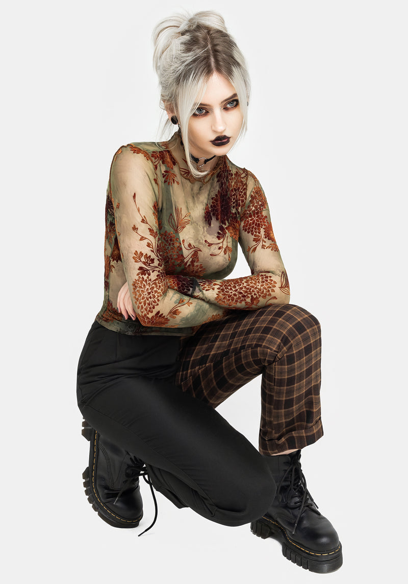 Rosaleigh Flockdruck Velours Mesh Lang Ärmel Top