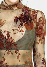 Rosaleigh Flockdruck Velours Mesh Lang Ärmel Top