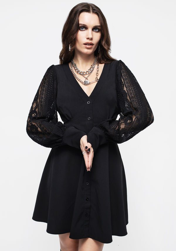 Covenant Spitze Ärmel Knopf Hoch Mini Kleid