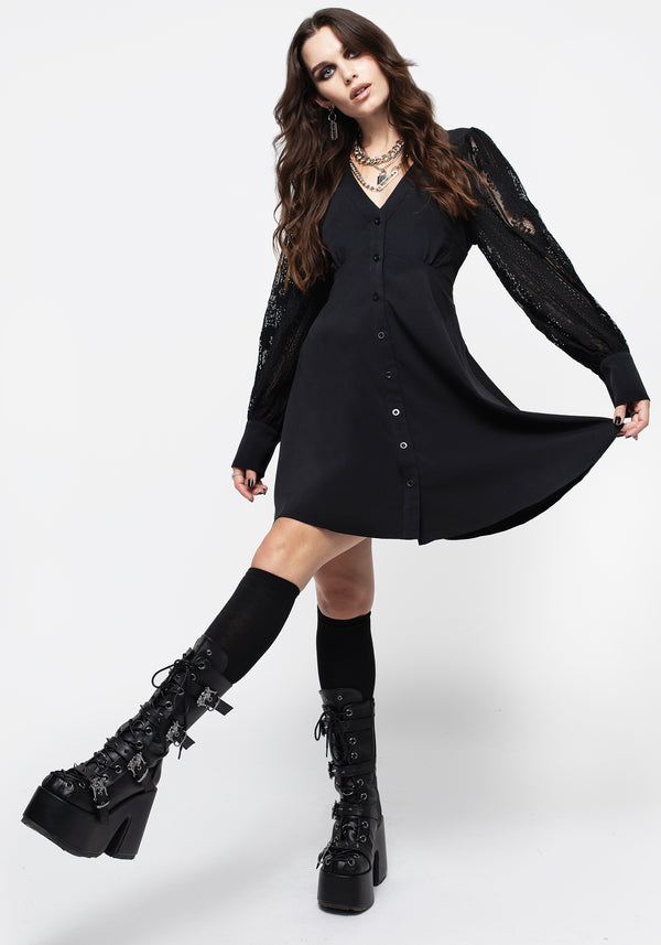 Covenant Spitze Ärmel Knopf Hoch Mini Kleid