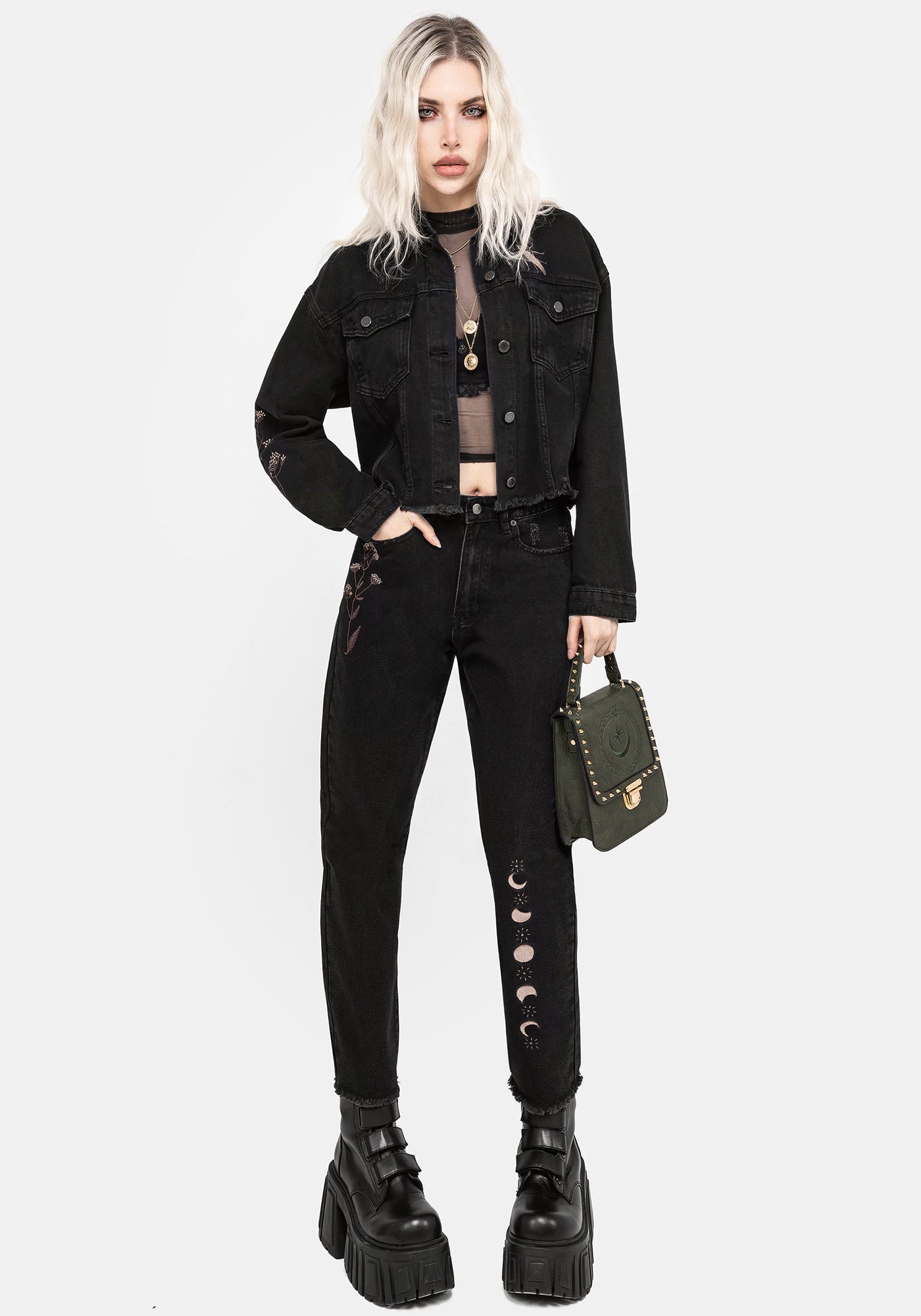 Disturbia | Griffinfly Embroidered Distressed Denim Mom Jeans | Jeans