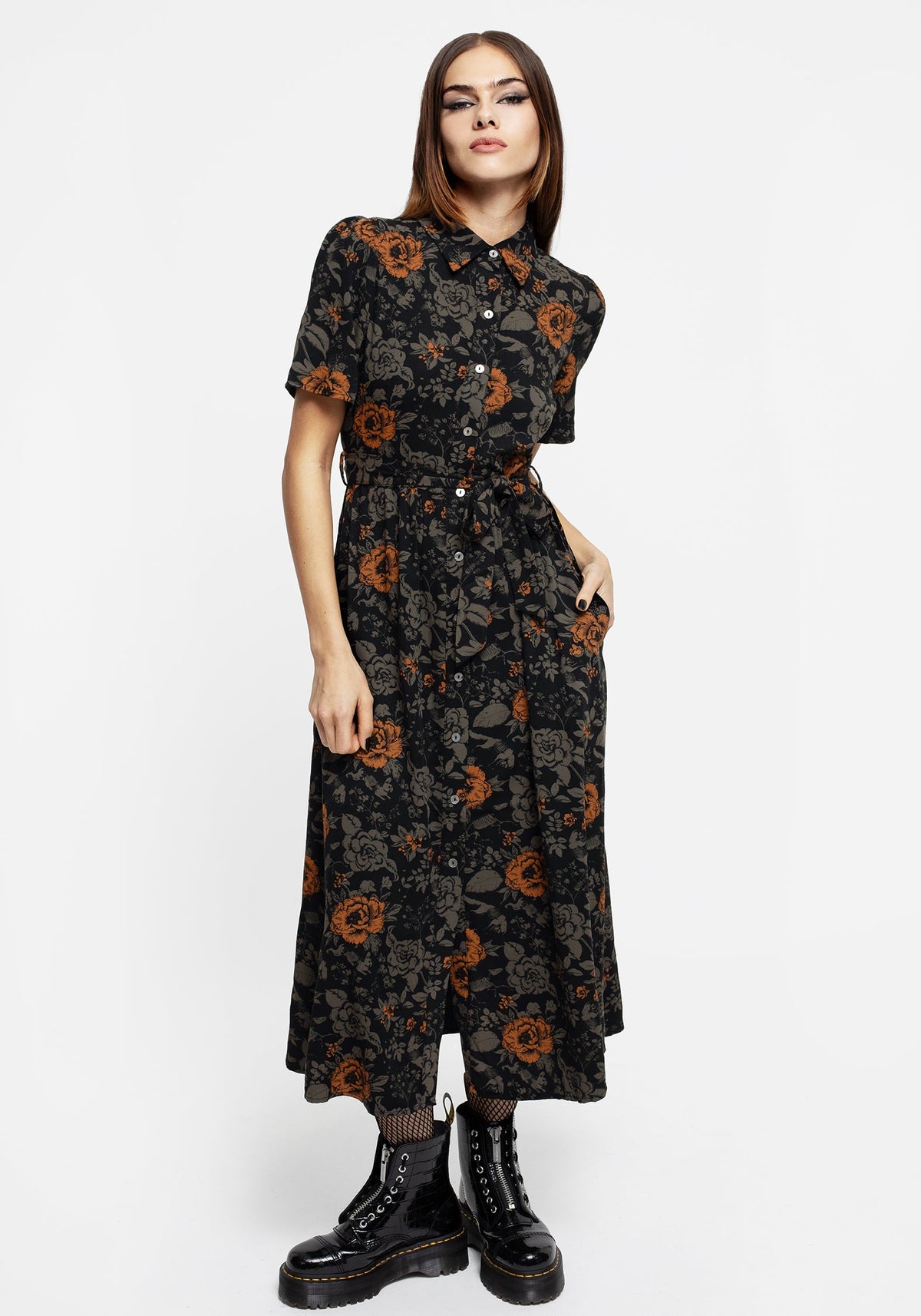 Mortify Blumenmuster Druck Midi Hemd Kleid